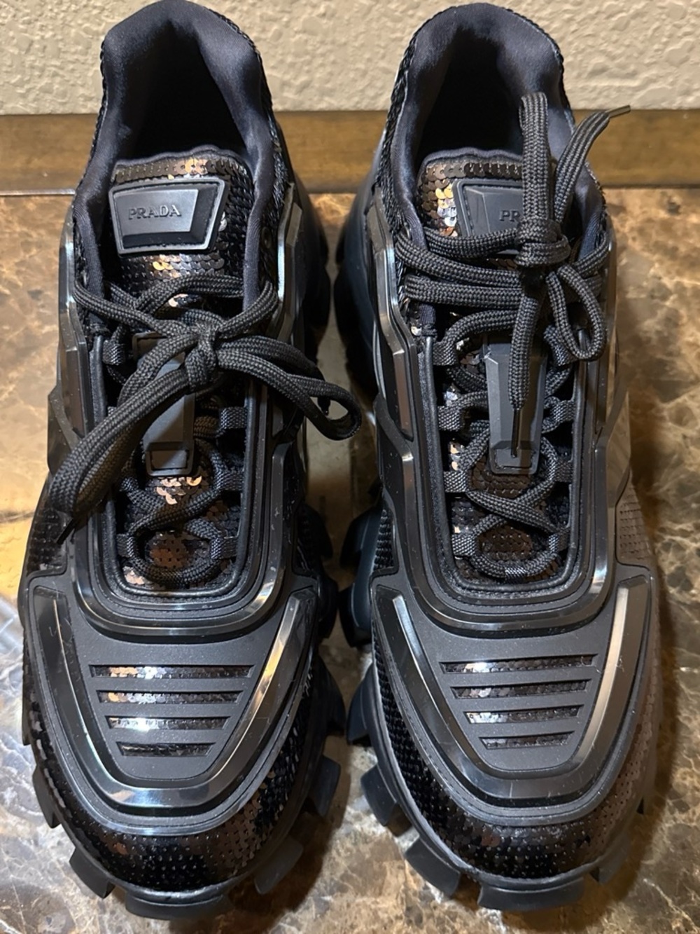 Prada Black Sequin Lace-Up Trainer